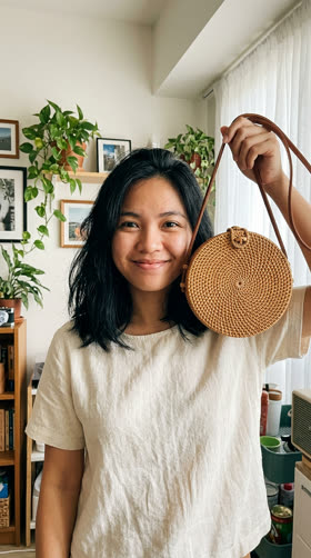 A woman in her apartment holding up a round rattan bag by its leather strap