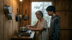 A grandmother cooking at a stove, her grandson beside her, in a wooden kitchen