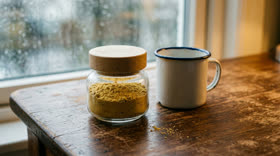 A jar of ginger tea powder and an enamel mug by a rainy window