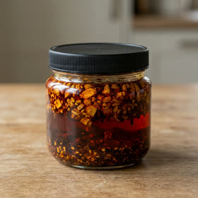 A jar of chili garlic crisp with a black lid on a wooden counter
