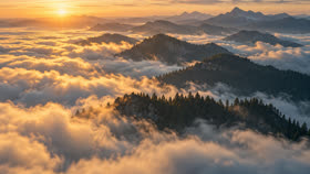 Sunrise over a sea of clouds and pine-covered ridges