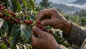 Hands picking red coffee cherries