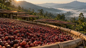 Coffee cherries drying on raised beds on a hillside