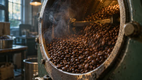 Coffee beans tumbling in a roaster drum