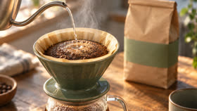 Water poured into a pour-over dripper, the kraft coffee bag behind it