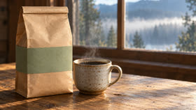 The kraft coffee bag with a sage band beside a mug, by a misty window