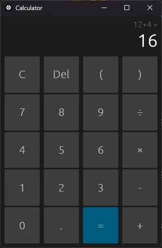 The calculator showing 12+4 = 16.