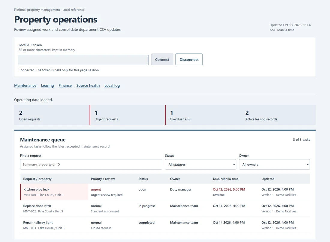 Open, urgent and overdue counts above the maintenance queue.