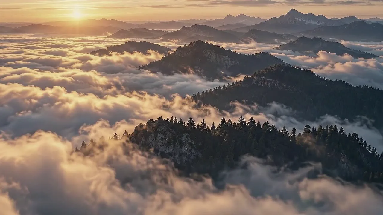 Forested ridges above a sea of cloud at sunrise.